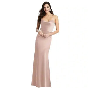 NWT Dessy Collection Cowl Neck Lux Charmeuse Trumpet  Satin Gown Toasted Sugar 6